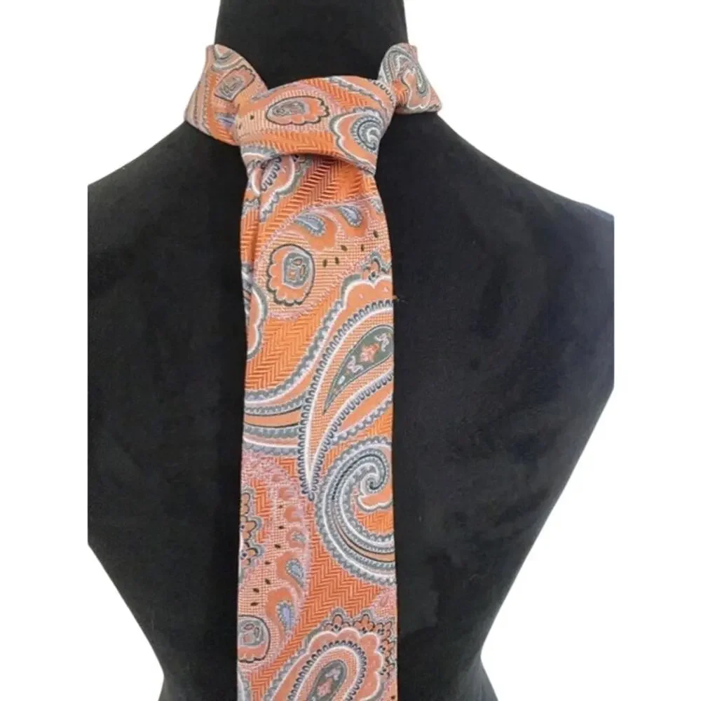 ETRO Silk Tie Mens Orange Paisley Luxury Designer Italy Classic Necktie